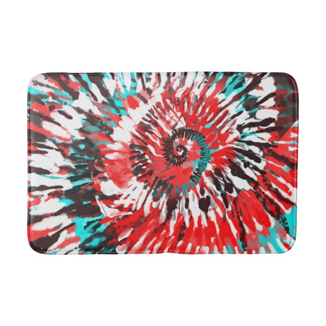 Red Teal Black White & Grey Tie Dye Bath Mat (Front)