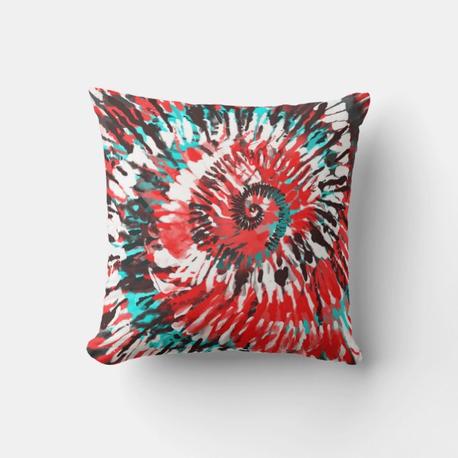 Red Teal Black White & Grey Tie Dye Cushion (Front)