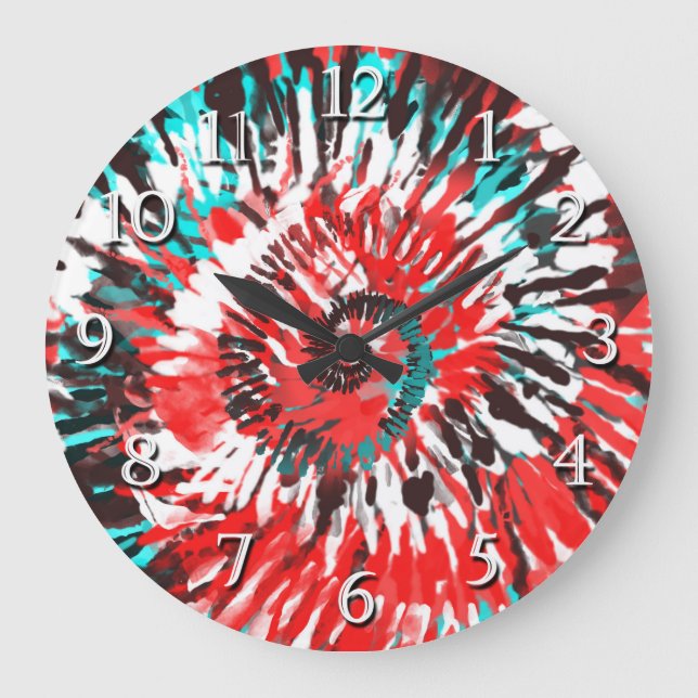 Red Teal Black White & Grey Tie Dye Large Clock (Front)