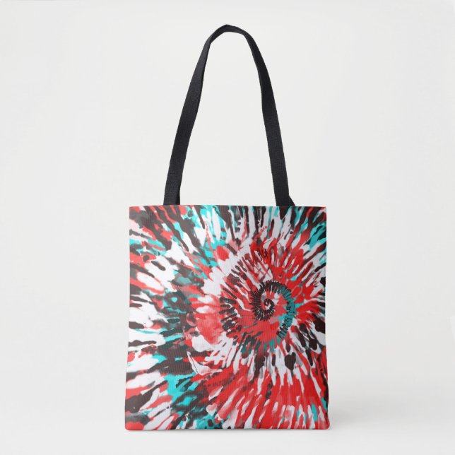 Red Teal Black White & Grey Tie Dye Tote Bag (Front)