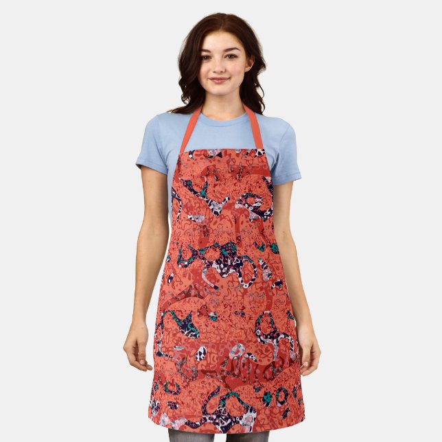 Red Teal Black White Spotted Graphic Abstraction Apron (Worn)