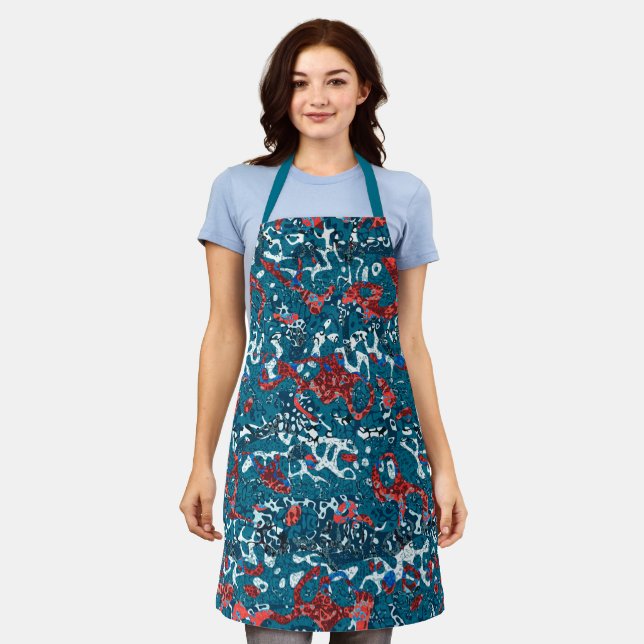 Red Teal Black White Spotted Graphic Abstraction Apron (Worn)