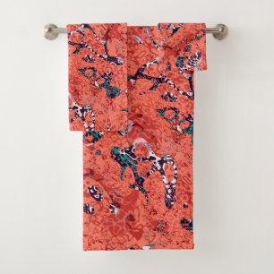 Red Teal Black White Spotted Graphic Abstraction Bath Towel Set
