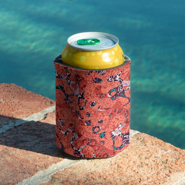 Red Teal Black White Spotted Graphic Abstraction Can Cooler (In Situ Pool)
