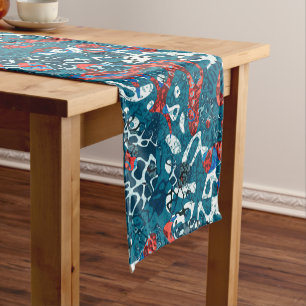 Red Teal Black White Spotted Graphic Abstraction Short Table Runner