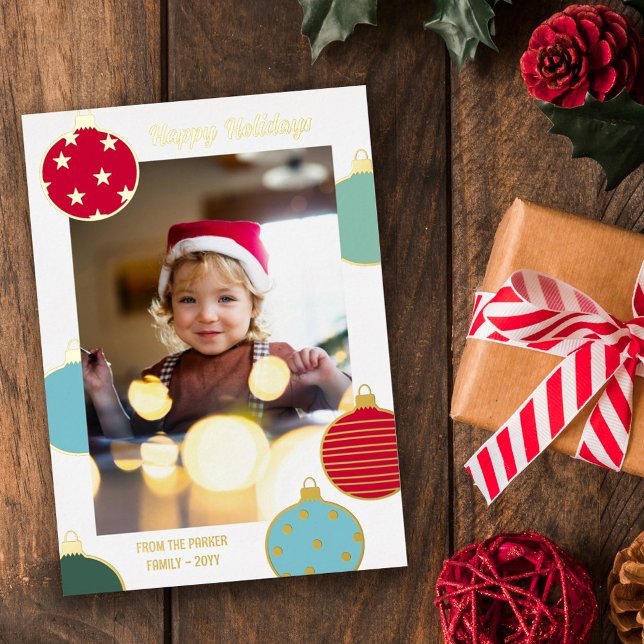 Red Teal Blue Christmas Baubles Happy Holidays Foil Holiday Card (Creator Uploaded)