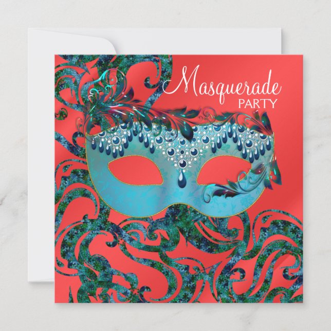 Red Teal Blue Masquerade Party Invitations (Front)