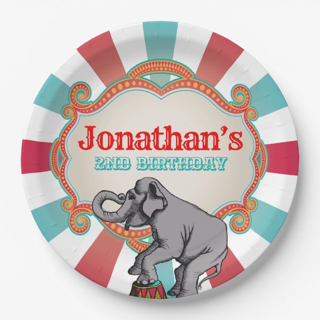 Red Teal Blue Vintage Circus Birthday Paper Plate (Front)