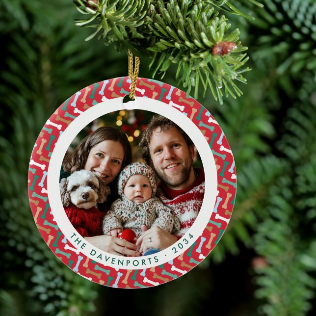 Red & Teal Bone Pattern Dog Family 2 Photos Ceramic Tree Decoration (Red & Teal Bone Pattern Dog Family 2 Photos Ceramic Ornament)
