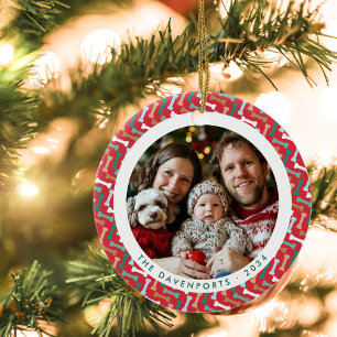 Red & Teal Bone Pattern Dog Lovers Family Photo Ceramic Tree Decoration