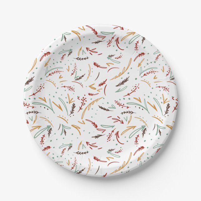 Red Teal & Brown Leaves and Berry Holiday Paper Plate (Front)