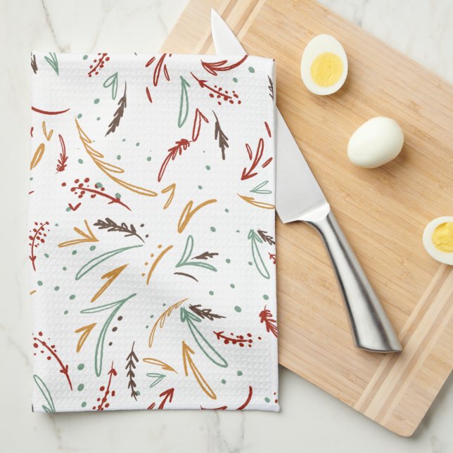 Red Teal & Brown Leaves and Berry Holiday Tea Towel (Quarter Fold)