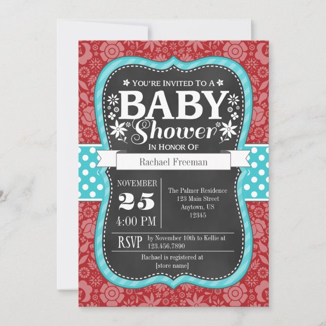 Red Teal Chalkboard Floral Baby Shower Invite (Front)