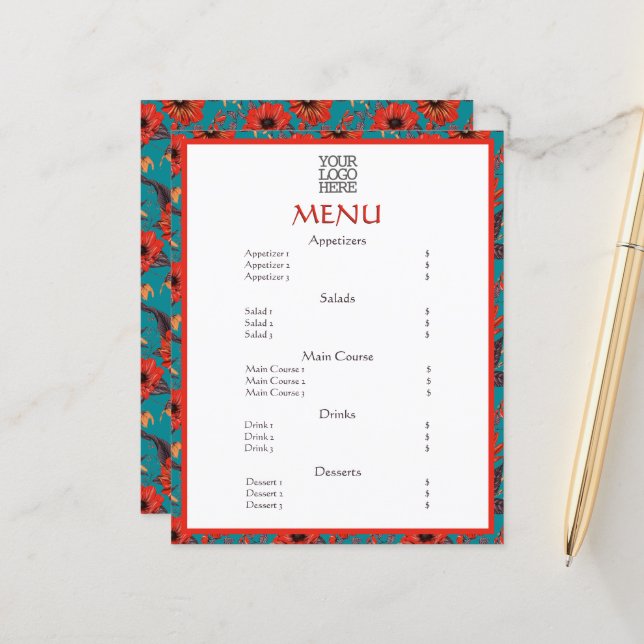 Red Teal Floral Cafe Restaurant Menu (Front/Back In Situ)