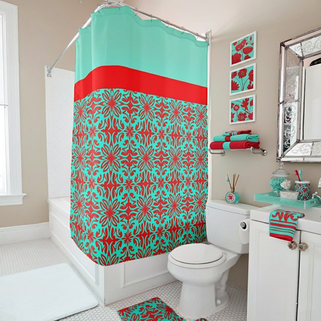 Red & teal floral shower curtain (Creator Uploaded)