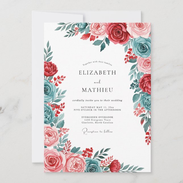 Red Teal Gracious Botanical Wedding Invitation (Front)