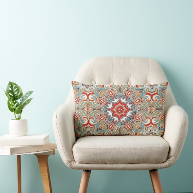 Red Teal Grey Blue Sunny Yelllow Kaleidoscope Art Lumbar Cushion (Chair)