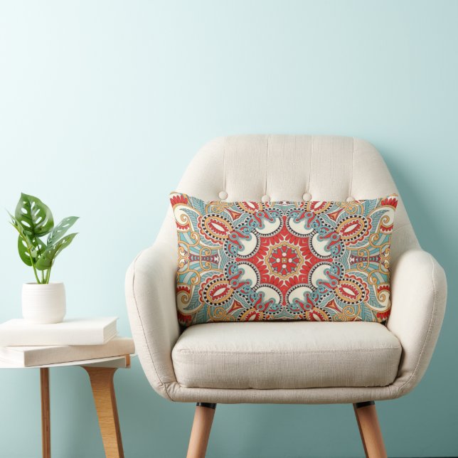 Red Teal Grey Blue Sunny Yelllow Kaleidoscope Art Lumbar Cushion (Chair)