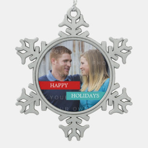 Red Teal Modern Photo Snowflake Ornament
