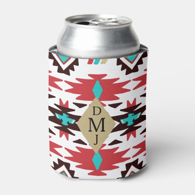 Red Teal Monogram Native American Vision Can Cooler (Can Front)