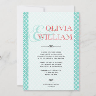 Red teal Moroccan tile ampersand modern wedding Invitation