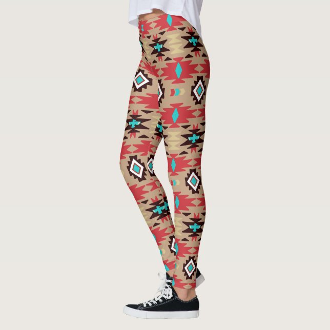 Red Teal Native American Vision Pattern Leggings (Left)