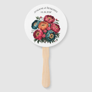 Red Teal Orange Peony Blooms Gold Trim Wedding Hand Fan