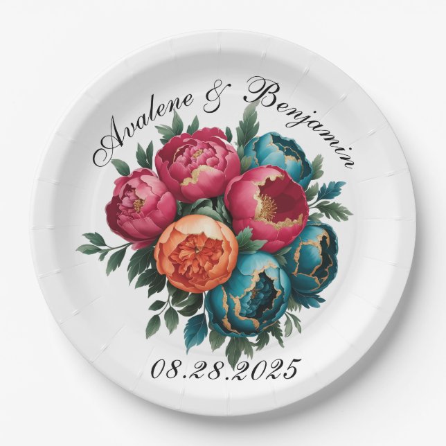 Red Teal Orange Peony Blooms Gold Trim Wedding Paper Plate (Front)