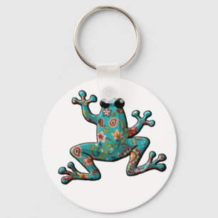 Red Teal Paisley Frog Key Ring
