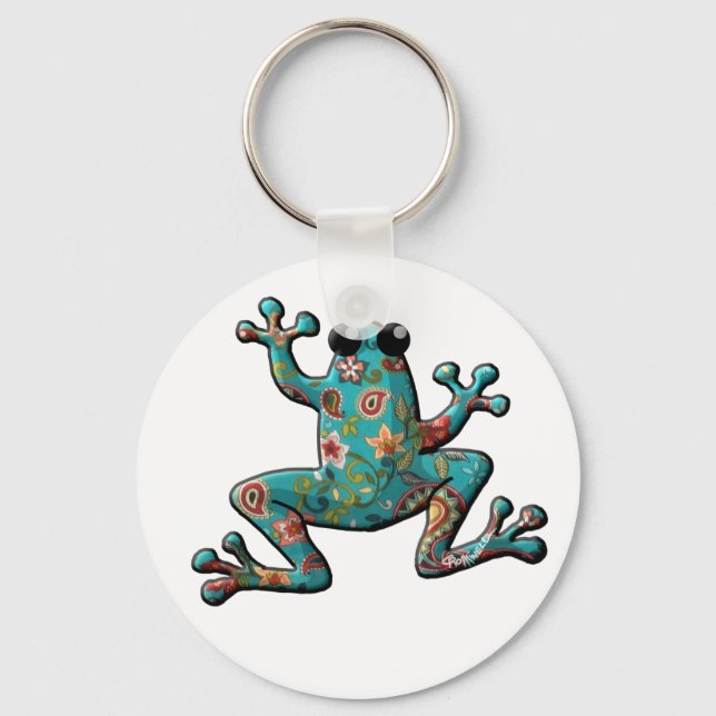 Red Teal Paisley Frog Key Ring (Front)