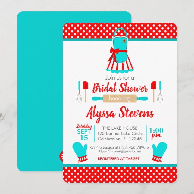 Red & Teal Retro Christmas Kitchen Bridal Shower Invitation (Front/Back)