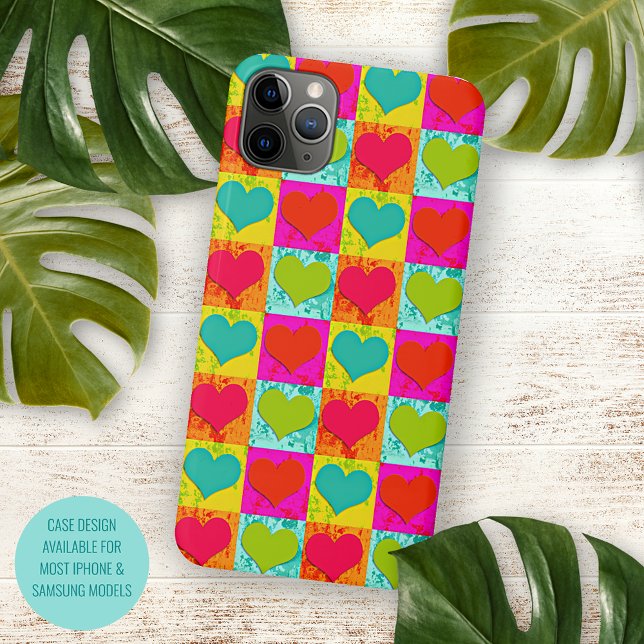 Red Teal Turquoise Blue Lime Green Hearts Pattern iPhone Case (Creator Uploaded)