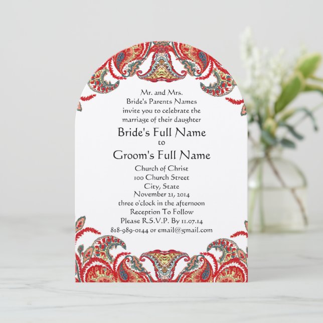 Red & Teal Vintage Paisley Damask Wedding Invites (Standing Front)