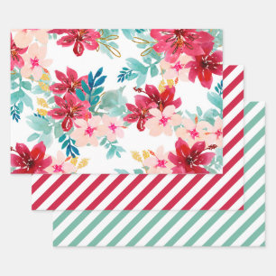 Red Teal Watercolor Floral Greenery Stripe  Wrapping Paper Sheet