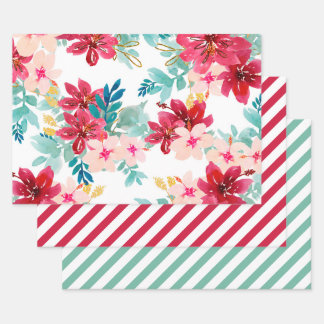 Red Teal Watercolor Floral Greenery Stripe Wrapping Paper Sheet