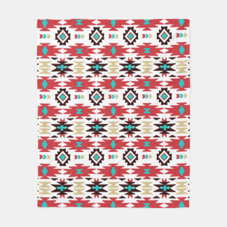 Red Teal White Native American Pattern Fleece Blanket