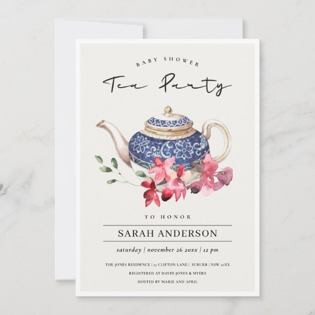  Red Teapot Floral Baby Shower Tea Party Invite (Front)