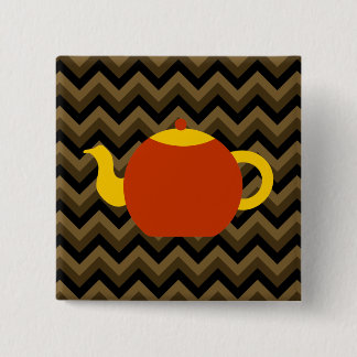 Red Teapot on Brown Zigzags. 15 Cm Square Badge