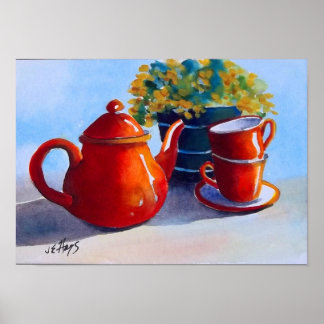 Red Teapot & Teacups Poster