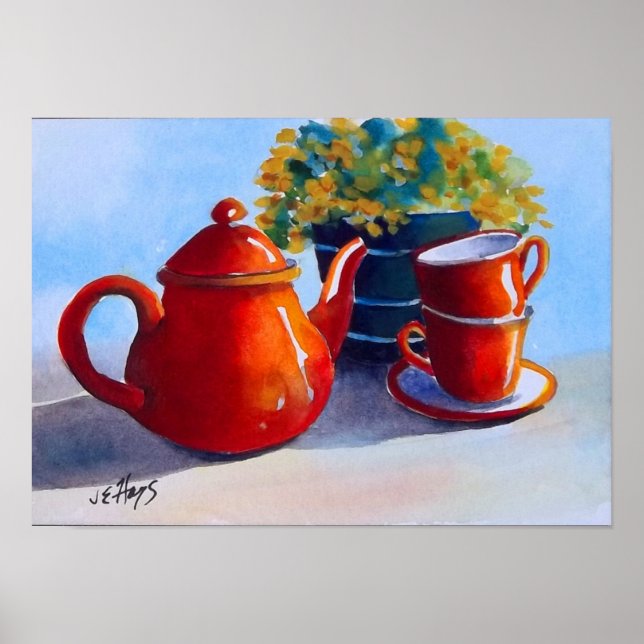 Red Teapot & Teacups Poster (Front)