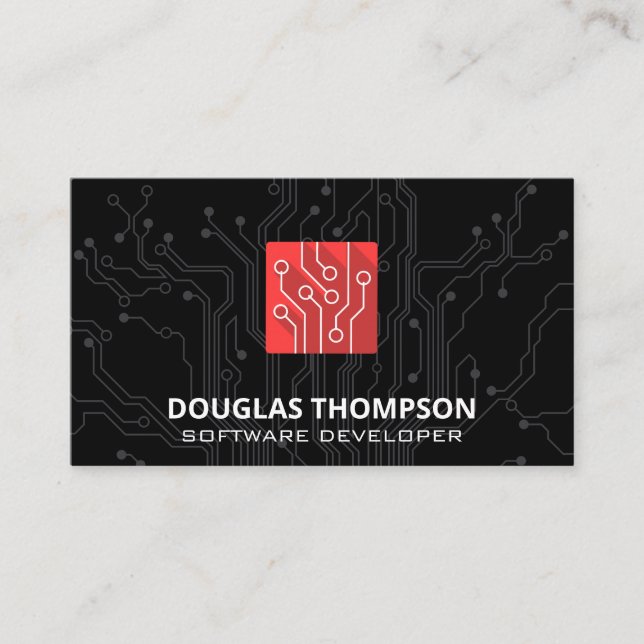 Red Tech Circuit Logo Business Card (Front)