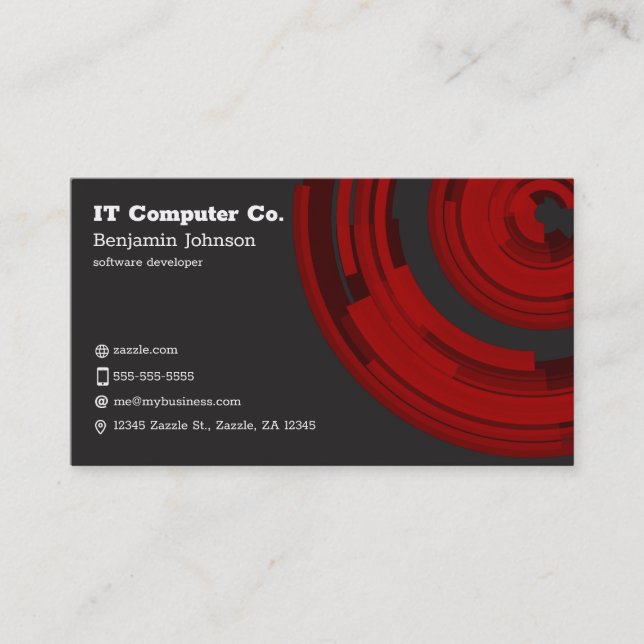 Red Tech on Dark Grey Business Card (Front)