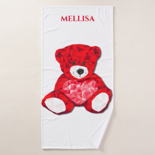 RED teddy bear bath towel, personalised name. Towel