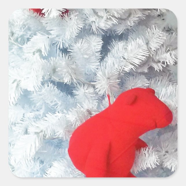 Red Teddy bear in Christmas Tree Square Sticker (Front)