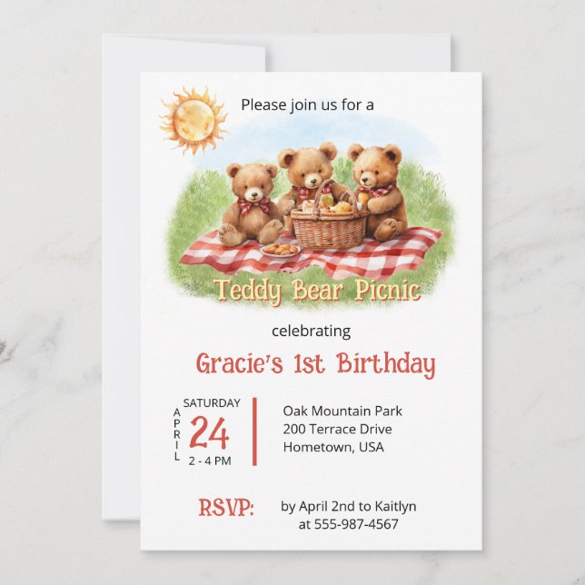 Red Teddy Bear Picnic 1st Birthday Invitation (Front)