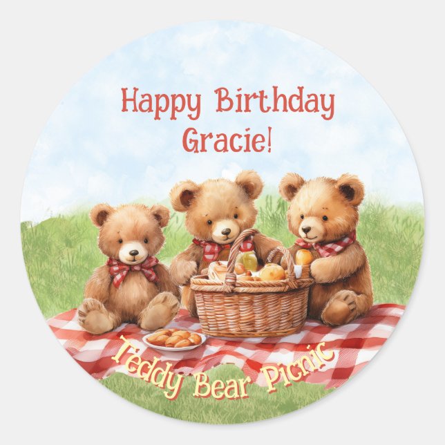 Red Teddy Bear Picnic Birthday Sticker (Front)