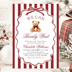 Red Teddy Bear We Can Bearly Wait Baby Shower Invitation