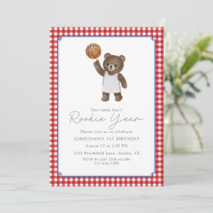 Red Teddy Rookie Year 1st Birthday Basketball  Invitation