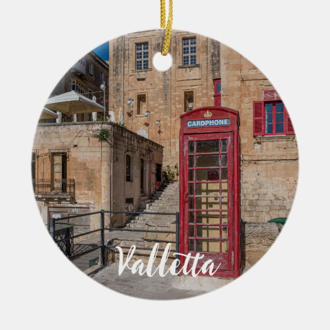 Red telephone booth in Valletta Malta Ceramic Tree Decoration (Front)