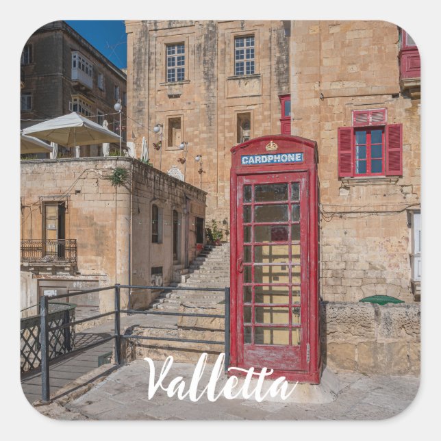 Red telephone booth in Valletta Malta Square Sticker (Front)